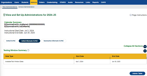 Administration Calendar Summary (Initial Alternate ELPAC).