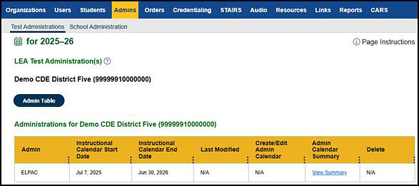 LEA Test Administration(s) screen with ELPAC administrations table.