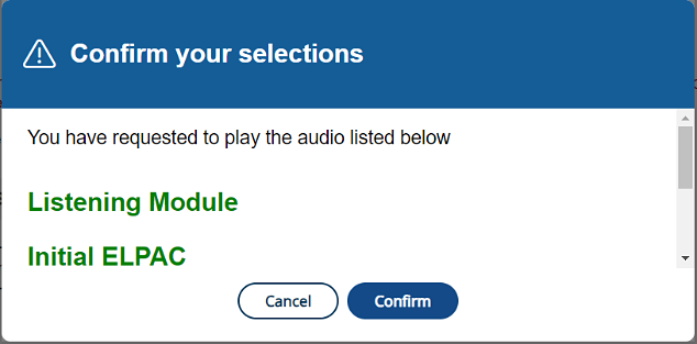 Confirm you selections pop-up box with CANCEL and CONFIRM buttons