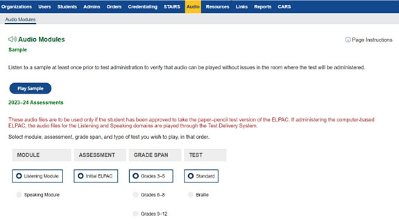 Audio Modules tab in TOMS with radio button options for module, assessment, grade span, and test for the ELPAC