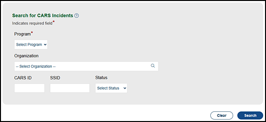 Search for CARS Incidents screen with search and clear buttons.