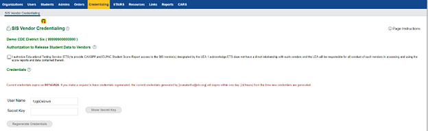 SIS Vendor Credentialing screen with Authorization to Release Student Data to Vendors section and Credentials section.