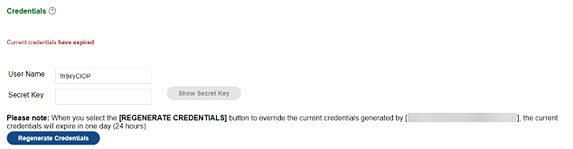 Credentials section with 'Current credentials have expired' message and Regenerate Credentials button.