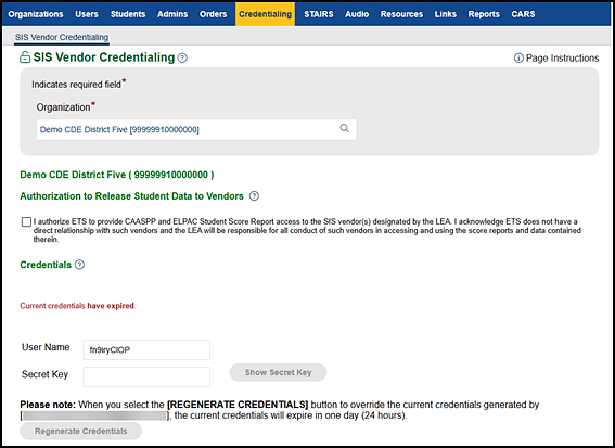 SIS Vendor Credentialing screen with Authorization to Release Student Data to Vendors section and Credentials section.