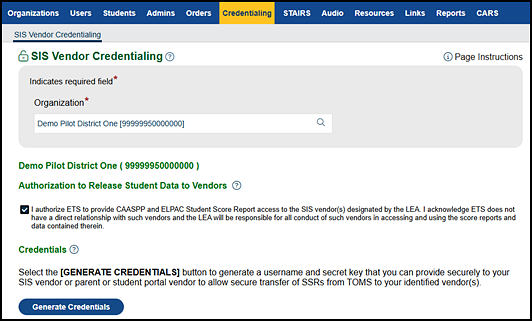 SIS Vendor Credentialing screen with Authorization to Release Student Data to Vendors box marked and the Generate Credentials button in the Credentials section.