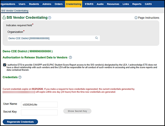 SIS Vendor Credentialing screen with Authorization to Release Student Data to Vendors box marked and the ReGenerate Credentials button in the Credentials section.