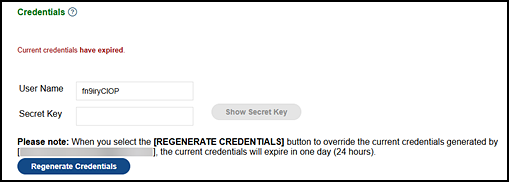 Credentials section with "Current credentials have expired" message and Regenerate Credentials button.
