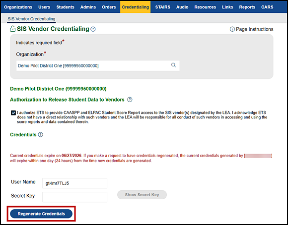 SIS Vendor Credentialing screen with Authorization to Release Student Data to Vendors box marked and the ReGenerate Credentials button in the Credentials section.