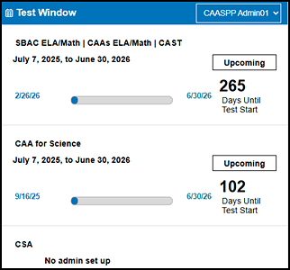 CAASPP Test Window section on the MyTOMS at a Glance screen.