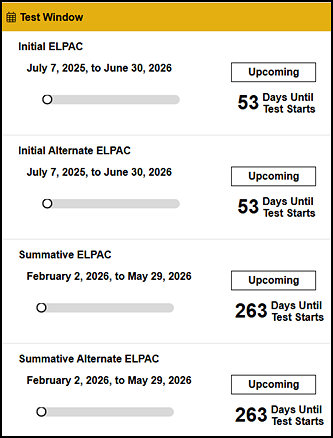 ELPAC Test Window section on the MyTOMS at a Glance screen.