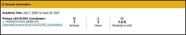 ELPAC General Information section on the MyTOMS at a Glance screen.