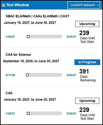CAASPP Test Window section on the MyTOMS at a Glance screen.