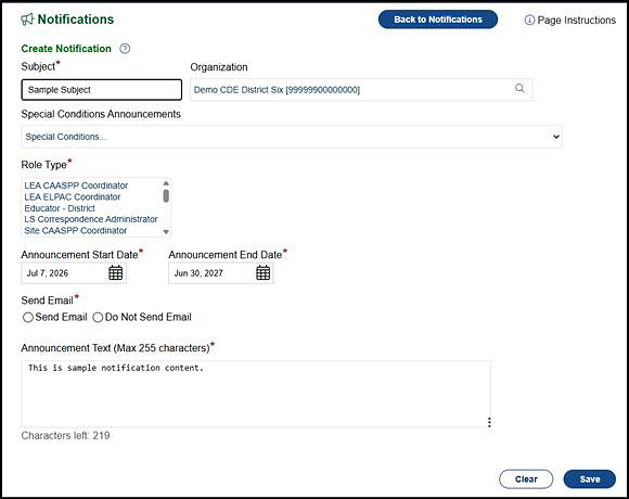 Create Notification screen with a sample message.