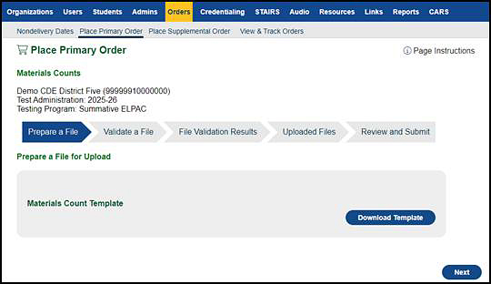 Prepare a File progress step on the Place Primary Order screen.