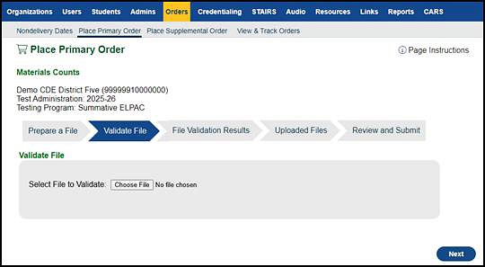 Validate a File progress step on the Place Primary Order screen.
