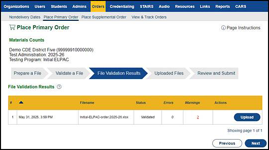 File Validation Results progress step on the Place Primary Order screen.