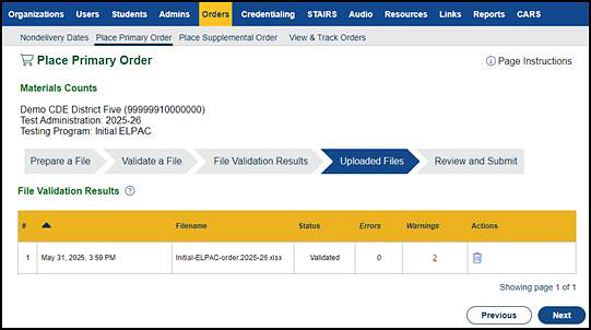 Uploaded Files progress step on the Place Primary Order screen.