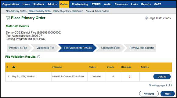 File Validation Results progress step on the Place Primary Order screen.