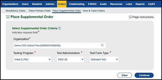 Select Supplemental Order Criteria section of the Place Supplemental Order screen.
