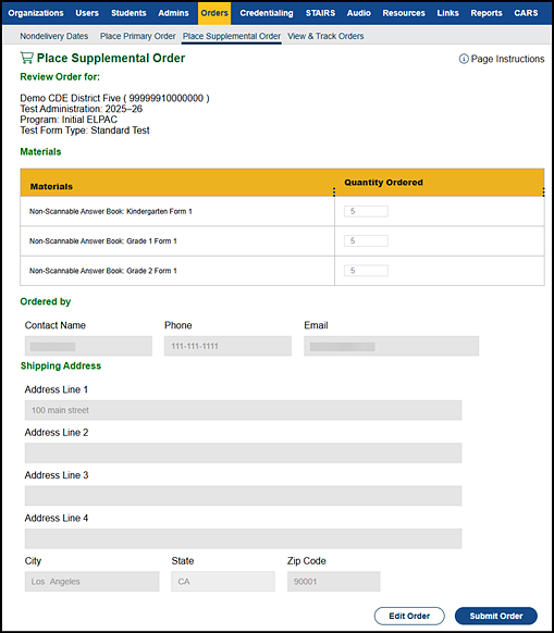 Place Supplemental Order screen.