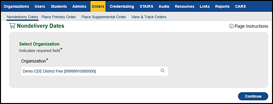 “Select Organization” section (School or LEA) of the Nondelivery Dates screen.
