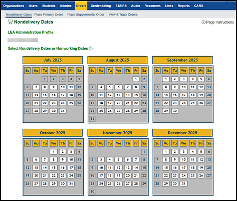 Nondelivery dates and nonworking dates on the Nondelivery Dates screen.