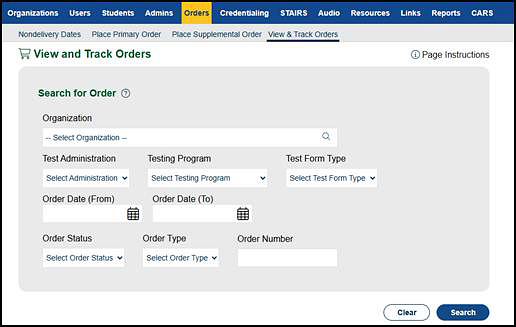 Search for Order” section of the View and Track Orders screen.