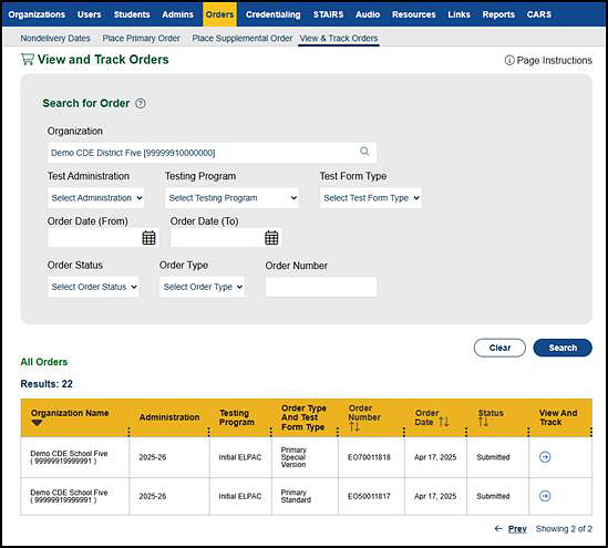 “Results” section of the View and Track Orders screen.