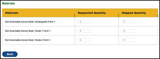 “Materials” section for a submitted order on the View and Track Orders screen..