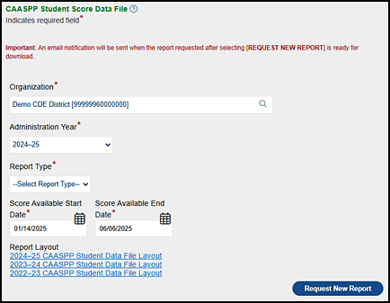 CAASPP Student Score Data File options.