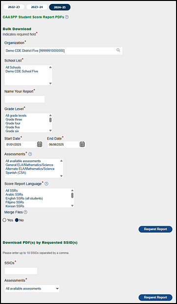 CAASPP Student Score Report PDFs options.