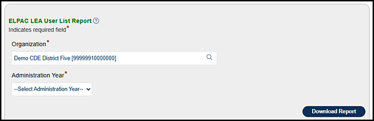 ELPAC LEA User List Report options.