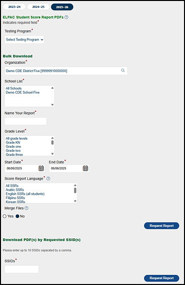 ELPAC Student Score Report PDFs options.