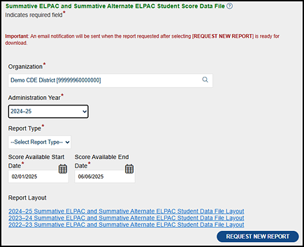 ELPAC Student Score Data File options.