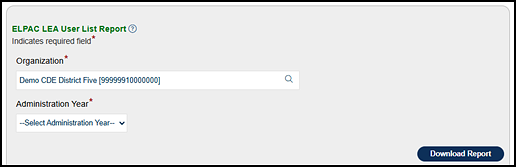 ELPAC LEA User List Report options.