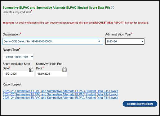 ELPAC Student Score Data File options.