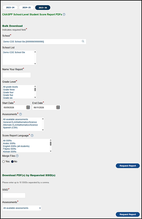 CAASPP School-Level Student Score Report PDFs options.