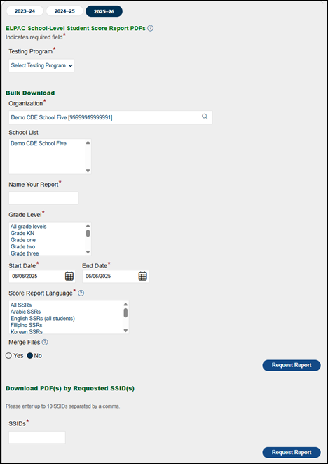 ELPAC School-Level Student Score Report PDFs options.