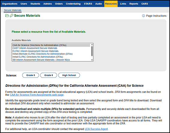 DFA options for the CAA for Science on the Secure Materials screen.