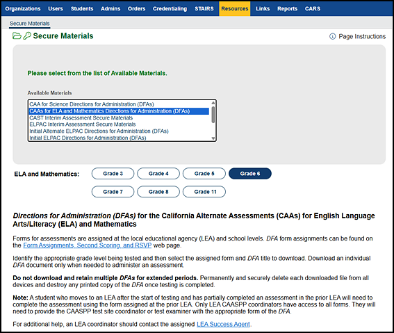 DFA options for the CAAs for ELA and mathematics on the Secure Materials screen.