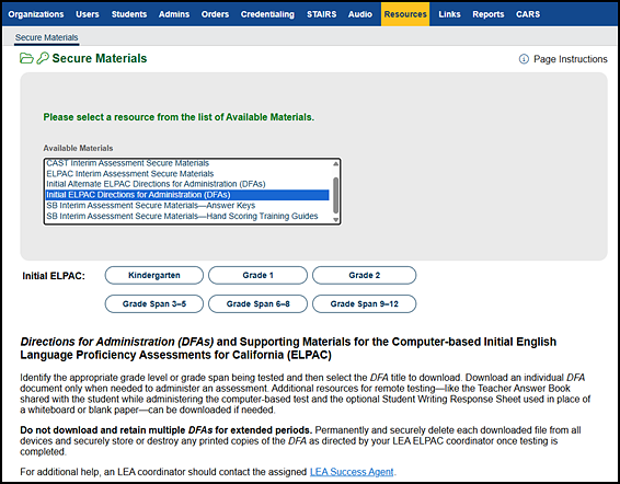 DFA options for the Initial ELPAC on the Secure Materials screen.