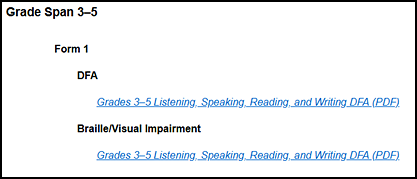 List of DFAs for the Initial ELPAC on the Secure Materials screen.