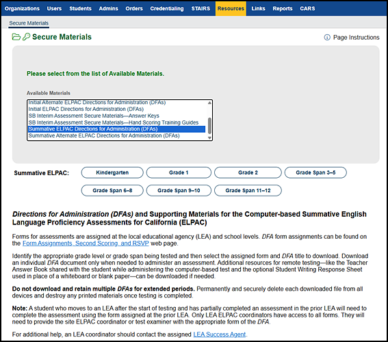 DFA options for the Summative ELPAC on the Secure Materials screen.