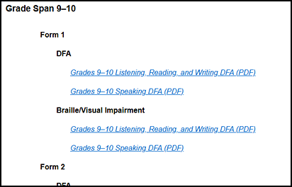 List of DFAs for the Summative ELPAC on the Secure Materials screen.