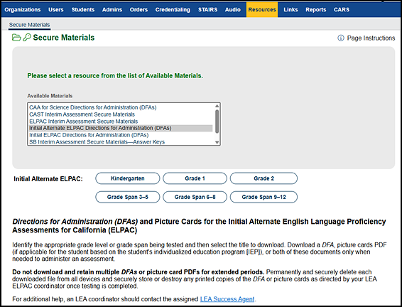 DFA options for the Initial Alternate ELPAC on the Secure Materials screen.