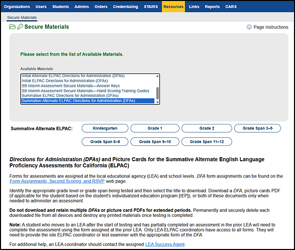 DFA options for the Summative Alternate ELPAC on the Secure Materials screen.
