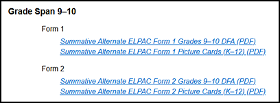 List of DFAs for the Summative Alternate ELPAC on the Secure Materials screen.