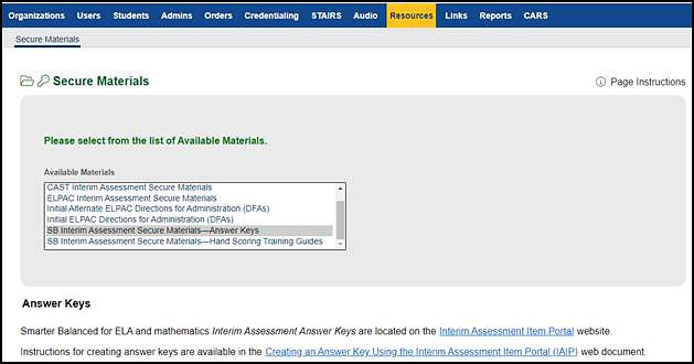 Interim Assessment Secure Materials—Answer Keys on the Secure Materials screen.