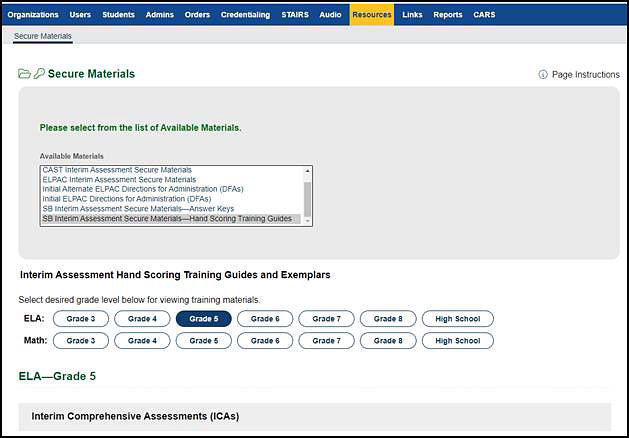 Interim Assessment Secure Materials—Hand Scoring Training Guides on the Secure Materials screen.