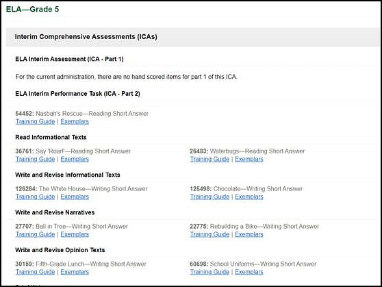 List of Interim Assessment Hand Scoring Training Guides and Exemplars on the Secure Materials screen.